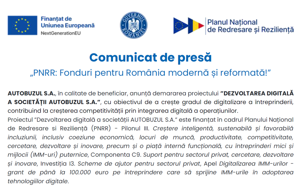 Comunicat de presă – „PNRR: Fonduri pentru România modernă și reformată!” – AUTOBUZUL SA